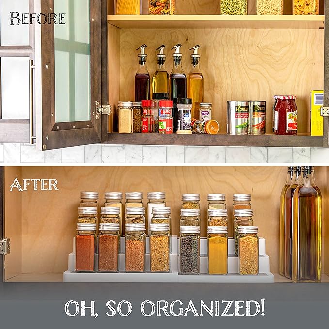 Oizeir 3?밫ier Expandable Plastic Spice Rack - Adjustable Length, Stability with Non-Skid Shelf, Three Tiers for Easy Visibility, Organizer for Kitchen Cabinet, Pantry or Countertop, White/Grey
