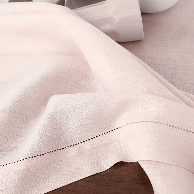 Solino Home Linen Tablecloth 60 x 108 Inch - Classic Hemstitch 100% Pure Linen Pink Table Cloth for Rectangle Tables - Machine Washable Tablecloth for Valentines, Spring, Easter