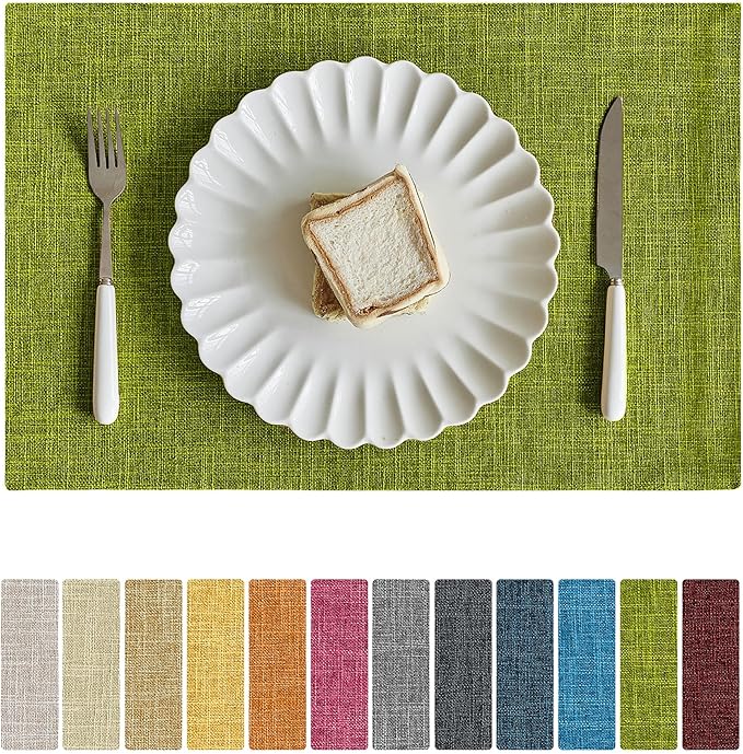 Softalker Faux Linen Placemats Set of 8-12 x 18 Inch, Heat Resistant Double Layered Durable Burlap Farmhouse Place Mats, Non-Slip Washable Rustic Table Mats for Dining, Kitchen, Party竊뉽ime Green