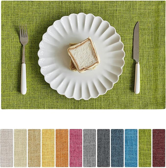 Softalker Faux Linen Placemats Set of 8-12 x 18 Inch, Heat Resistant Double Layered Durable Burlap Farmhouse Place Mats, Non-Slip Washable Rustic Table Mats for Dining, Kitchen, Party竊뉽ime Green