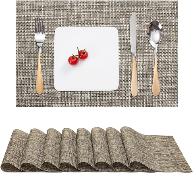 Myir JUN Placemats Set of 8, Vinyl Woven Placemats Place Mats Indoor Set of 8 Washable Table Mats Non-Slip Place mats for Dining Table (Caramel, Set of 8)
