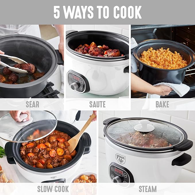 GreenLife 3.5QT Slow Cooker, PFAS-Free Non-Toxic Ceramic Nonstick Removable Interior Bowl, Programmable, Keep Warm, Stovetop & Oven Safe Pot, Dishwasher Safe Crock & Glass Lid, White