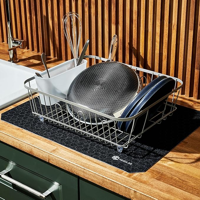 HexClad 2-Piece Dish Drying Mat Set Made of Absorbent Fabric that Holds up to 8oz of Liquid, Ultra-Thin Design for Fast Drying, Waterproof and Non-Slip Backing, Cut for a Universal Fit that Won?셳 Fray