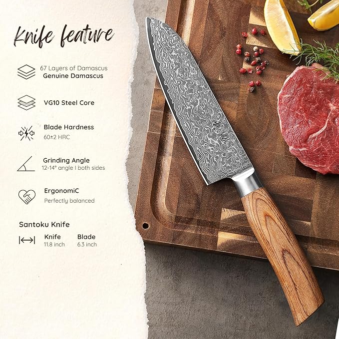 Wakoli EDIB Pro Damascus Santoku Knife ??Japanese Style Kitchen Knife | 6.3-Inch Genuine Damascus Steel Blade with VG10 Core | Ergonomic Pakkawood Handle | High Cutting Performance