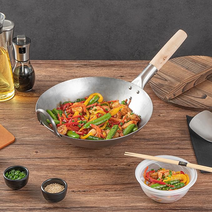 Motomori 12 Inch Hand-Hammered Carbon Steel Wok, 1 Traditional Japanese Wok - Round Bottom, Wooden Handle, Black Carbon Steel Traditional Stir Fry Pan, With Helper Handle - Restaurantware