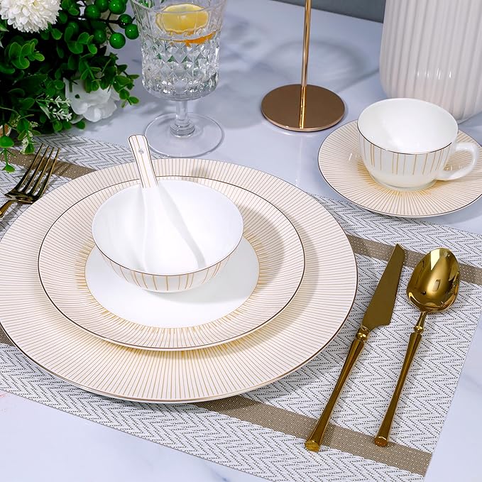 24 Piece White Porcelain Dinnerware Set for 4, Sunburst Design Plates and Bowls Sets with Gold Rim,Highly Chip and Crack Resistant | Dishwasher Safe Dishes Set