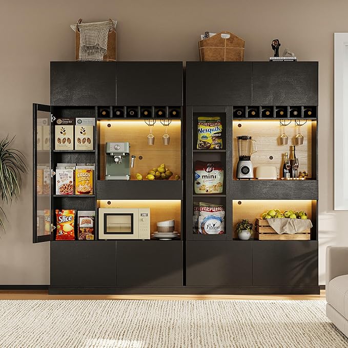 iPormis 69" Tall Kitchen Pantry Storage Cabinet with LED Light & Outlet, Kitchen Hutch with Microwave Stand & Wine Rack & Glass Door & Adjustable Shelf, Coffee Bar Hutch with Countertop, Black