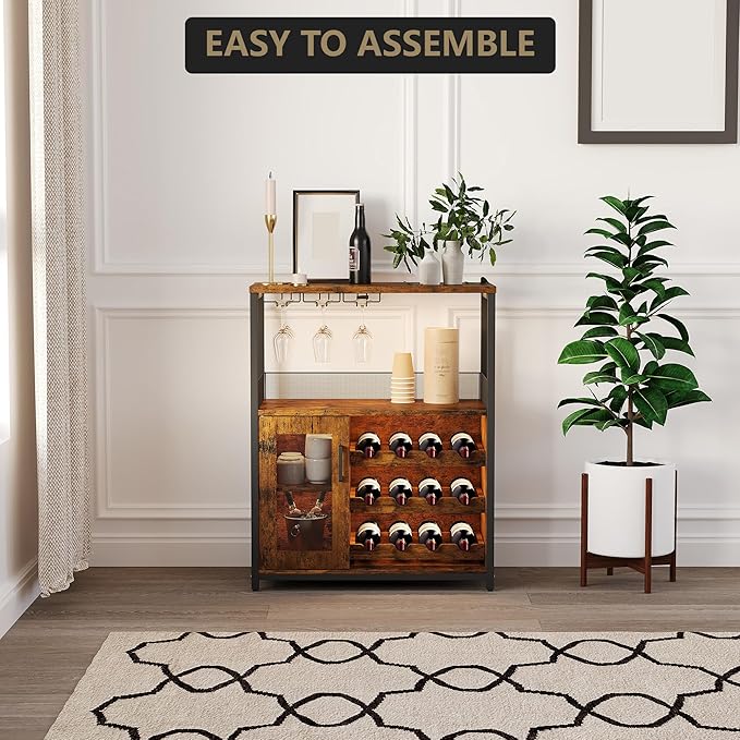 Vintage Industrial Wine Bar Cabinet with Adjustable Wine Racks and Glass Holders, Mesh Door Sideboard Storage Cabinet for Living Room, Kitchen, Dining Room, Compact Design, Easy Assembly,Retro Color