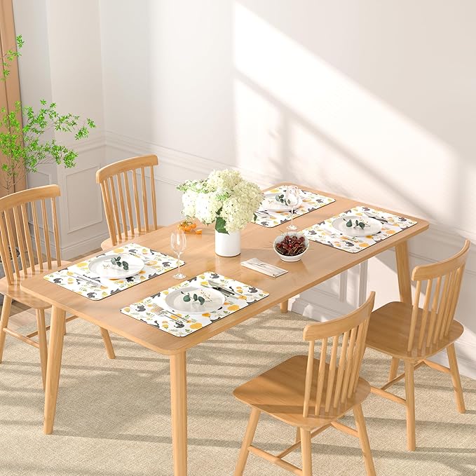 QIYI Placemats Set of 6, 12x18 Inch Faux Leather Place Mats for Kitchen Dinning, Heat Resistant Anti Slip Flower Table Mats, Waterproof Wipeable Washable Placemat Party Table D챕cor, Cute Black Kittens