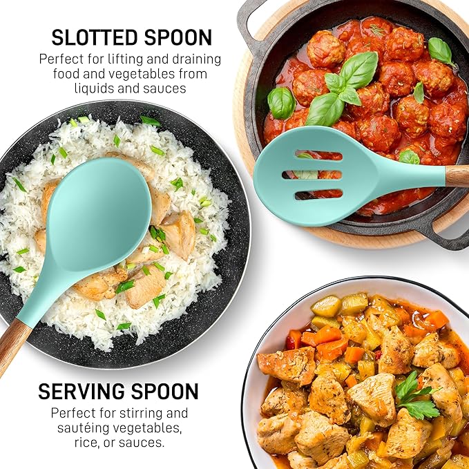 Zulay Kitchen Non-Stick Cooking Utensils Set with Authentic Acacia Wood Handles ??5-Piece Durable & Stylish Silicone Kitchen Utensils Set ??Heat Resistant to 464째F ??Aqua