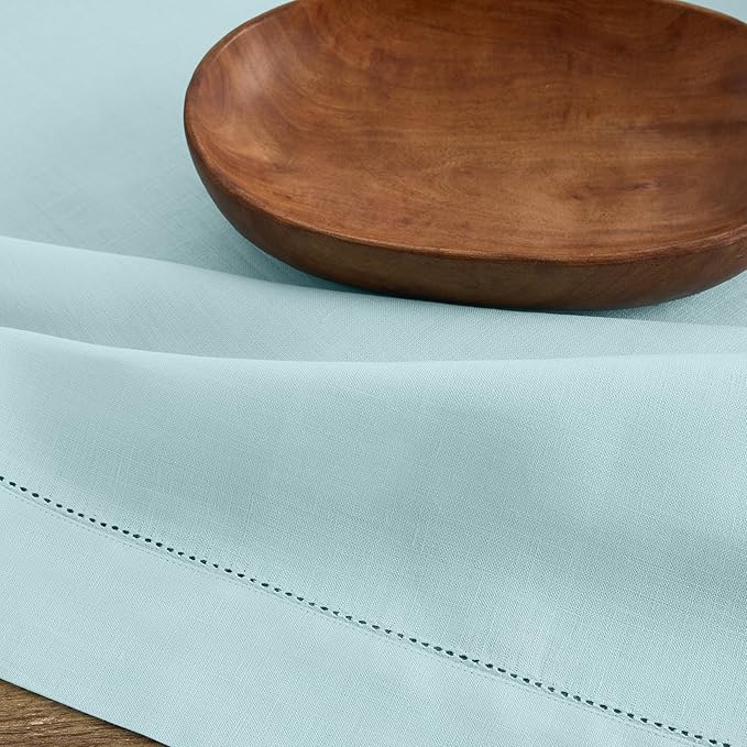 Solino Home Linen Tablecloth for Rectangle Tables 60 x 132 Inch - Classic Hemstitch 100% Pure Linen Aqua Blue Table Cloth - Machine Washable Cloth Tablecloth for Spring, Easter