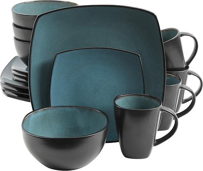 Gibson Elite Soho Lounge 16-Piece Reactive Glaze Dinnerware Set ??Teal and Black Tutone Stoneware Plates and Bowls