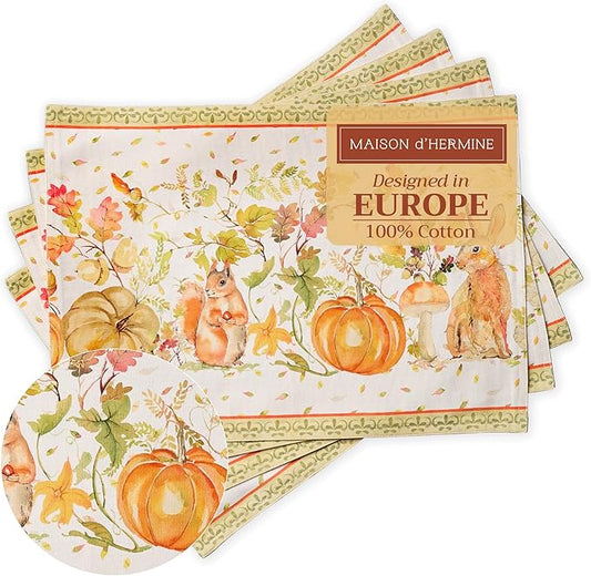 Maison d' Hermine Placemats Set of 4 100% Cotton Washable Cloth Place Mats, Reusable Table Mats for Thanksgiving Christmas Decorations Kitchen Dining Party Wedding (Pumpkin Passion, 13" x 19")
