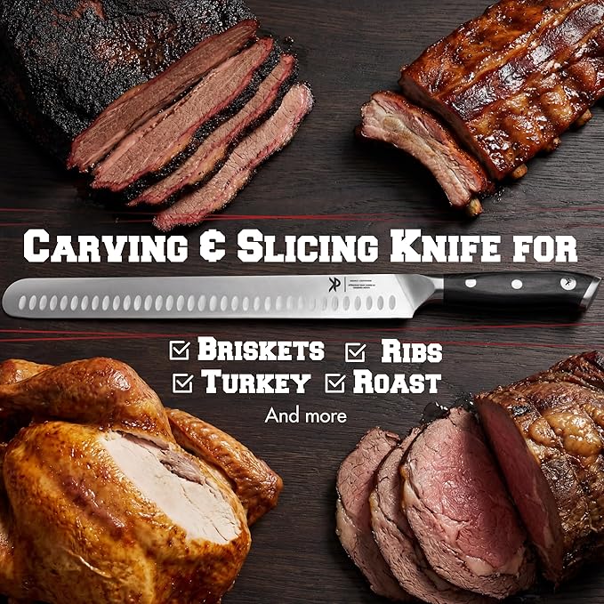 Kitchen perfection 12??Brisket Knife for Carving & Slicing Meat - Ultra Sharp Premium German Steel Granton Edge with Sheath, Full Tang Ergonomic Handle.For BBQ, Turkey & Ribs- Grilling Gifts for Men