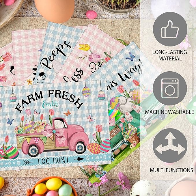 Pinata Easter Placemats Set of 6, Easter Placemats 12x18 Inch for Dining Table, Bunny Pattern Place Mats, Farmhouse Rustic Table Decor