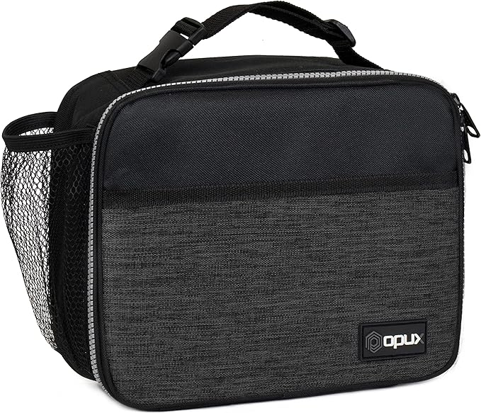 opux Insulated Lunch Bag Kids, Lunch Box for School Boy Girl, Leakproof Small Reusable Compact Soft Mini Cooler Bag, Toddler Small Lunch Boxes Kit Pail with Front Side Pockets (Charcoal)