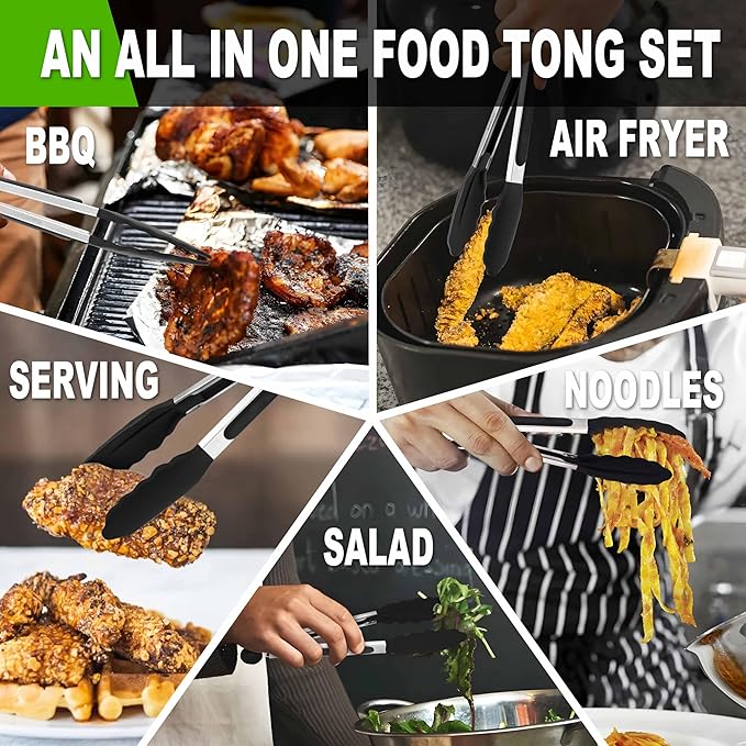 Anaeat Non-Stick Silicone Locking Tong Set of 3 - Stainless Steel 7", 9", 12" Kitchen Food Tongs with Non-Slip Silicone Tips and Grip for Cooking, Baking and BBQ - Heat Resistant up to 480째F (Black)
