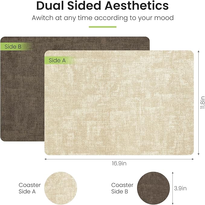 Fyvva Placemats Set of 6, Faux Leather Heat Resistant Wipeable Placemats, Dual Sided Waterproof Washable Table Mats with Coaster, Suitable for Kitchen, Dining, Table Decor (6, Beige Dark Coffee)