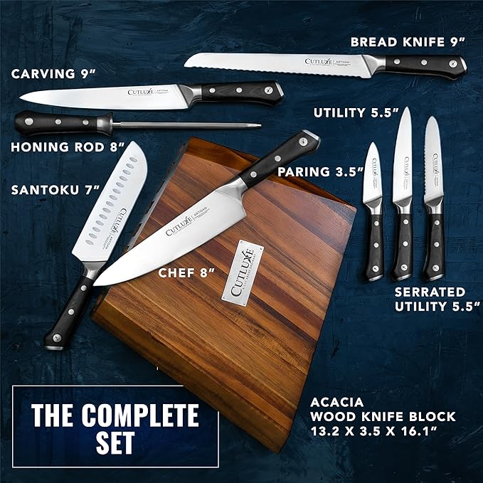 Cutluxe Kitchen Knife Set ??8 Pcs Professional Chef Knife Set with Block ??Razor Sharp Knives with Full Tang Design, High Carbon German Steel, Natural Acacia Wood Block ??Artisan Series