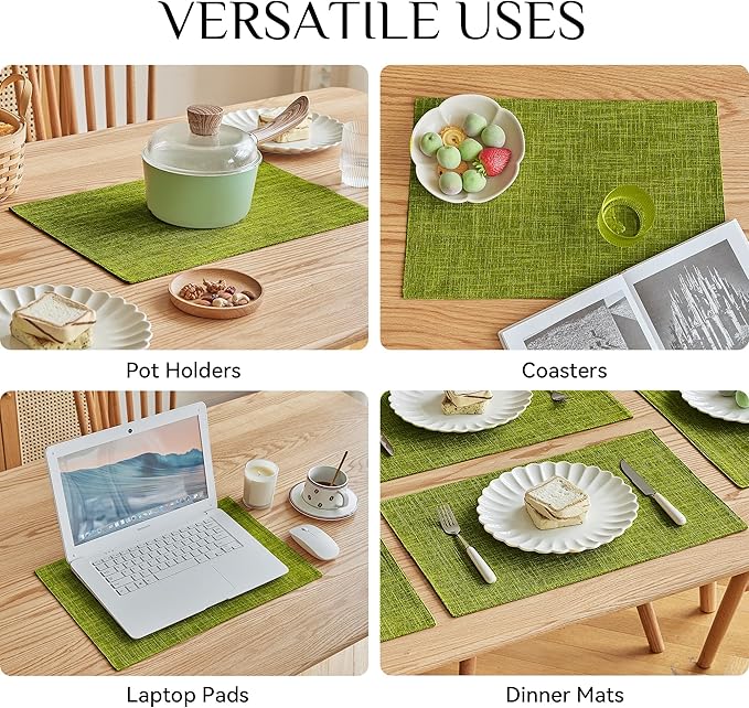 Softalker Faux Linen Placemats Set of 8-12 x 18 Inch, Heat Resistant Double Layered Durable Burlap Farmhouse Place Mats, Non-Slip Washable Rustic Table Mats for Dining, Kitchen, Party竊뉽ime Green