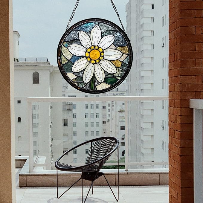 Stained Glass Window Hanging - Yellow White Daisy Birth Flower Suncatcher for Door Garden Yard Sun Catchers Decor Christmas Mother's Day Birthday Gifts for Teacher Women Mom Nana 15 in
