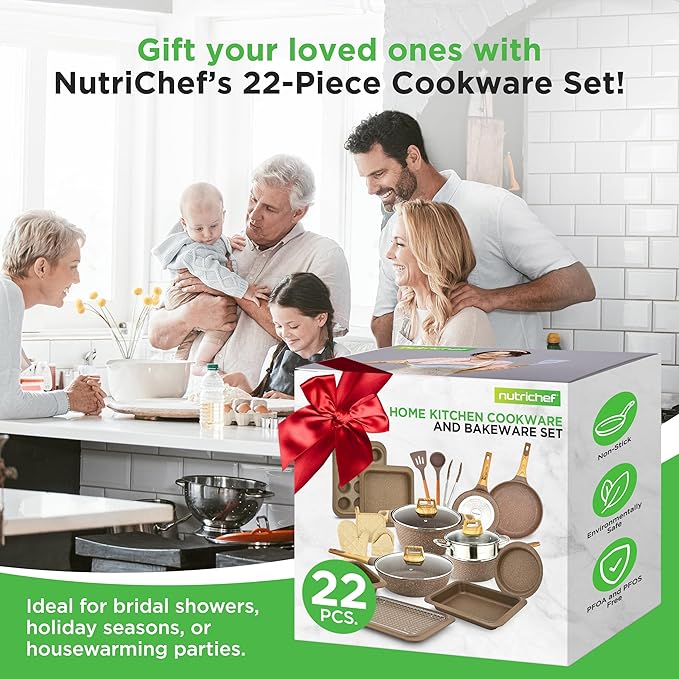 NutriChef 22?멠iece Non?멣tick Ceramic Pots and Pans Set ??For All Cooktops Including Induction ??PTFE & PFAS Free, Includes Bakeware & Utensils