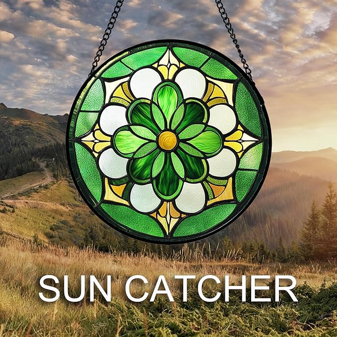 Stained Glass Window Hanging Boho Green Flower 6.3" - Suncatcher Door Garden Sun Catcher Ireland Decor Birthday Mother's St. Ripack's Day Gift for Woman Mom Men Friend Nana Wife Aunt