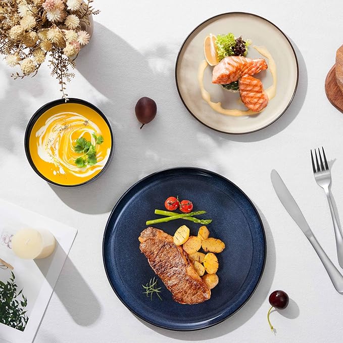 Herogo 12 Pieces Stoneware Dinnerware Dishes Sets for 4, Kitchen Dining Plates and Bowls Sets, Double Reactive Glaze, Microwave & Dishwasher Safe, Scratch Resistant, Starry Blue & Cream Khaki