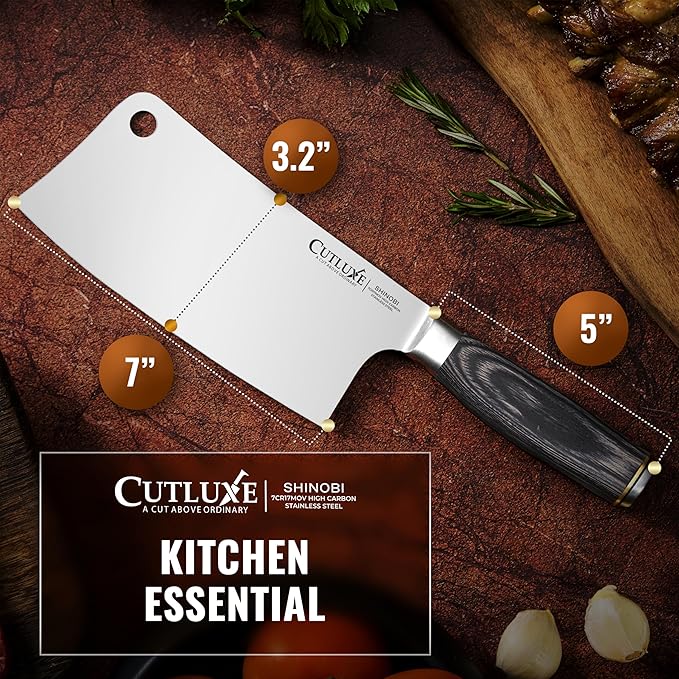 Cutluxe Meat Cleaver Knife ??Ultra Sharp 7" Meat Cleaver, Butcher Knife, High Carbon Stainless Steel Blade, Full Tang Pakkawood Handle ??Shinobi Series