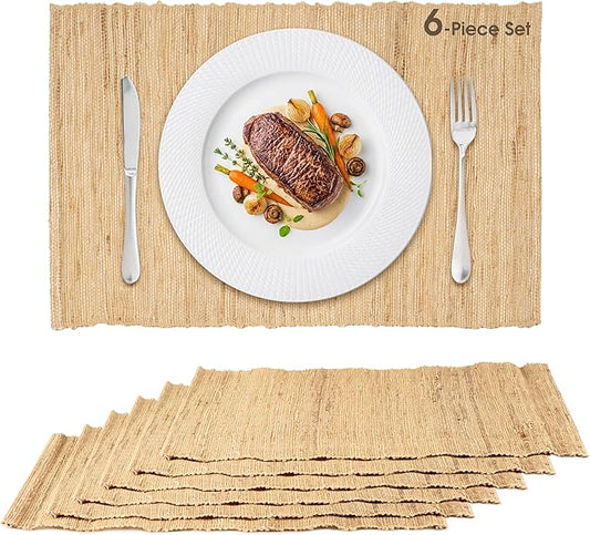 Handwoven Natural Fiber Placemats Set of 6, 12?쓝18??Woven Table Mats for Dining Table, Heat-Resistant & Washable, Farmhouse, Boho & Neutral Home Decor