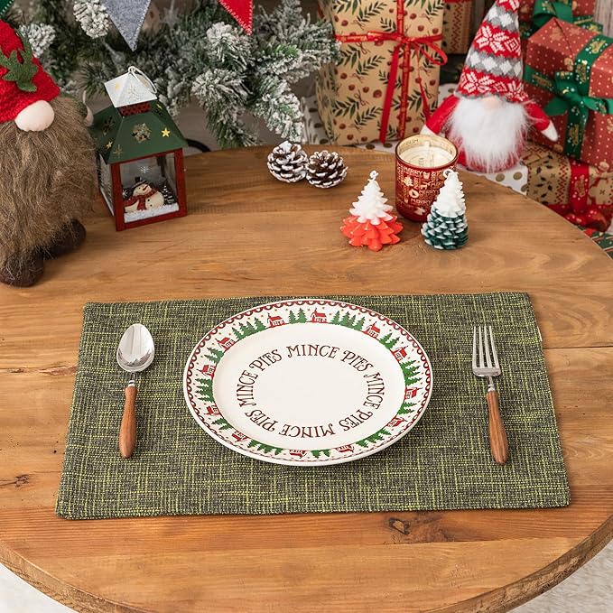 Kevin Textile Christmas Burlap Linen Placemats Set of 6 Heat Resistant Dining Table Place Mats Washable Kitchen Table Mats for Dinning Party Holiday Indoor Outdoor, 13 x19 inches, Peridot Green
