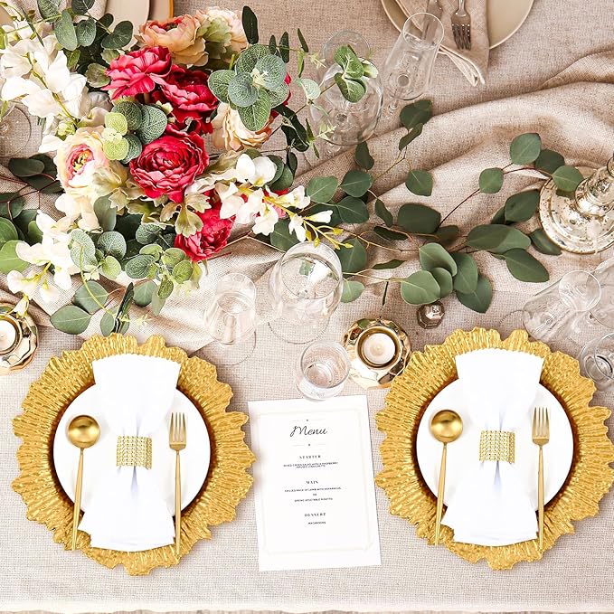 Tanlade 100 Pcs Reef Charger Plates Bulk 13 Inch Plastic Wedding Chargers Floral Decorative Plates with Metallic Ruffled Rim for Wedding Party, Holiday Event Supplies(Gold)