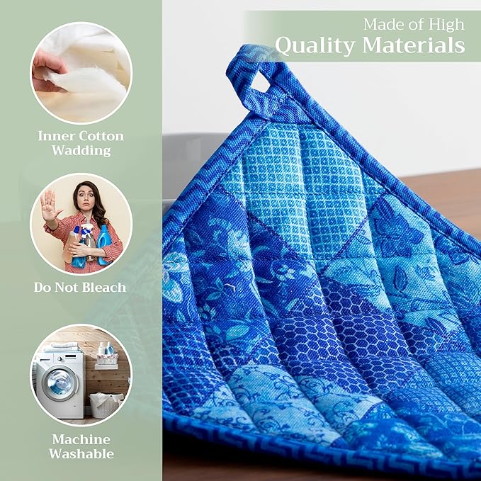 Maison d' Hermine Pot Holders 100% Cotton Heat Resistant Potholders 8" x 8" Hot Pads with Loop BBQ, Cooking, Baking, Grilling, Kitchen, Handling Hot Pans Spring/Summer (Pack of 1, Indigo Love)