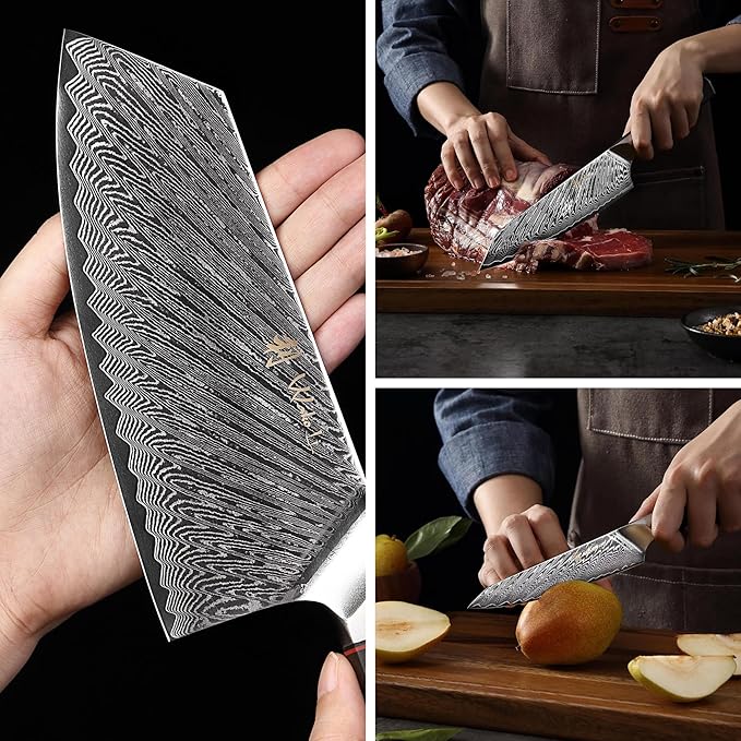 Wakoli Culinary Asia Damascus 4-Piece Knife Block Set with Magnetic Block ??Professional Kitchen Knives made of 67-Layer Damascus Steel Blades & VG10 Core ??Ergonomic Dark Oak Wood Handles in Gift Box