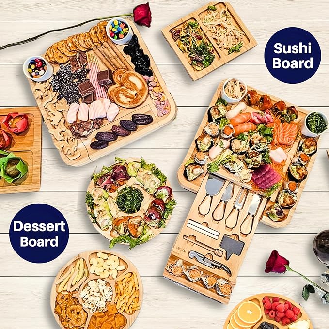 Large Charcuterie Boards Gift Set: Bamboo Cheese Board and Knife Set, Cheese Tray- Unique for Mom, 10 Host Accessories, House Warming, Christmas Gifts New Home, Wedding Gifts for Couple