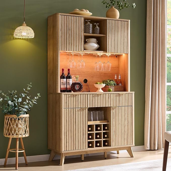OKD 72" Tall Wine Bar Cabinet with Storage Hutch, Modern Wood Fluted Coffee Bar Cabinet with LED Lights and 10 Tier Storage Shelf & 9 Grid Wine Glass Rack for Home Dining Room Kitchen (Natural Oak)