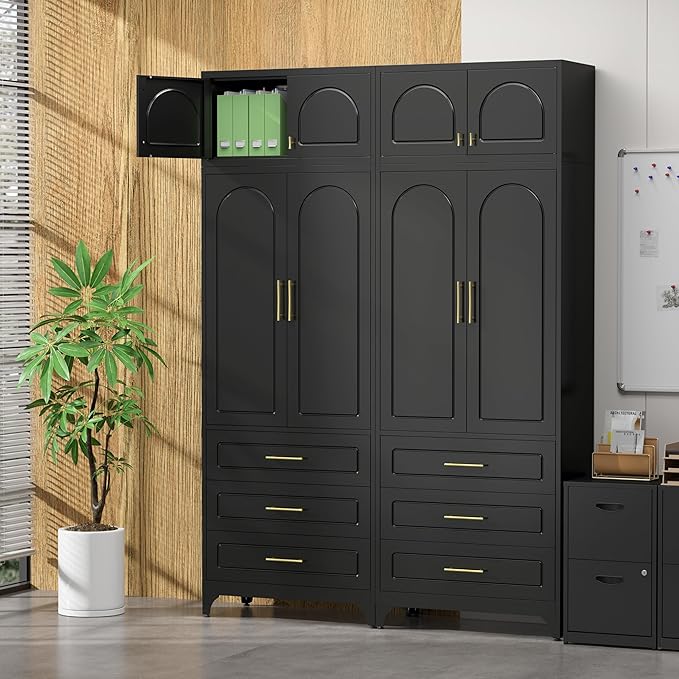Kitchen Pantry Cabinet竊?0" Storage Cabinets with Doors and Shelves,Metal Pantry Cabinet with 3 Drawers,Black Kitchen Cupboard for Livingroom,Pantry, Bathroom