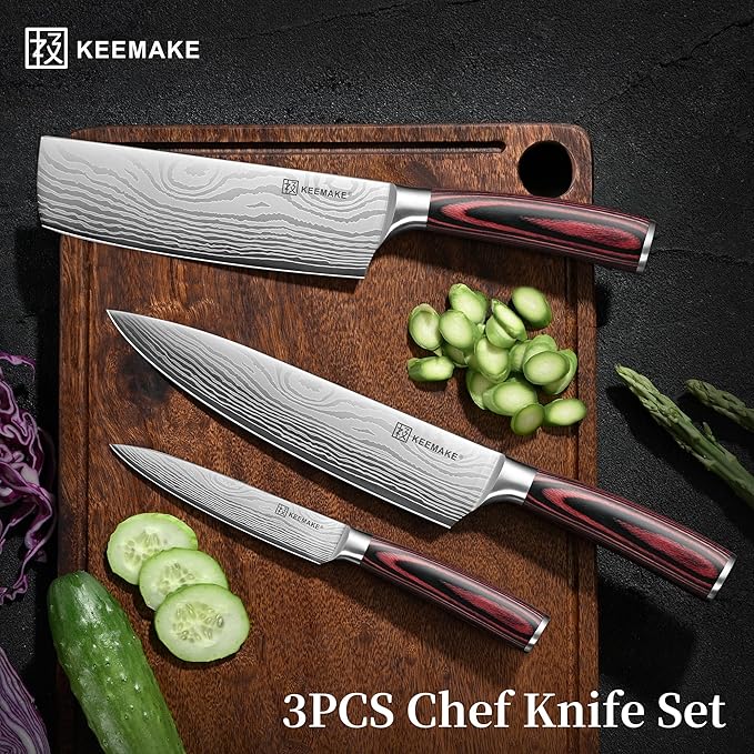 KEEMAKE Kitchen Knife Sets, 3 Pieces Professional Chef Knife Set with High Carbon Stainless Steel, Ultra Sharp Blade Kitchen Knives Sets with Ergonomic Pakkawood Handle & Gift Box