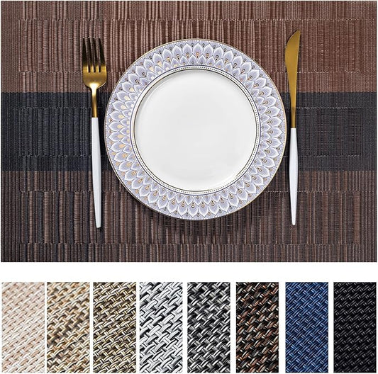 LEXMORE Placemats Set of 4 Vinyl/Plastic Woven Place Mats for Kitchen Table Indoor/Outdoor Washable Placemat Wipeable Dining Table Mats(Ombre Brown Black)