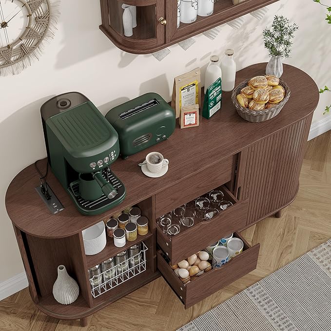59" Sideboard Buffet Cabinet ,Storage Cabinet with with Charging Station & Drawers & Sliding Door & Adjustable Shelves, Modern Accent Coffee Bar Console Table for Kitchen Entryway, Living Room, Walnut