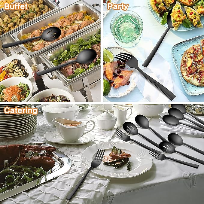 E-far Matte Black Serving Utensils Set of 6, Stainless Steel 8.7 Inch Hostess Serving Set Including MetalSlotted Spoons Forks for Party Buffet Catering, Square Edge & Rust Free