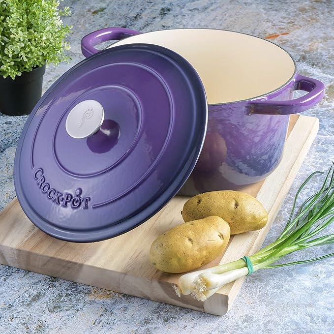 Crock-Pot Artisan 7-Quart Round Enameled Cast Iron Dutch Oven ??Lavender Purple, Durable Heavy-Duty Cookware for Slow Cooking, Baking, Roasting with Lid