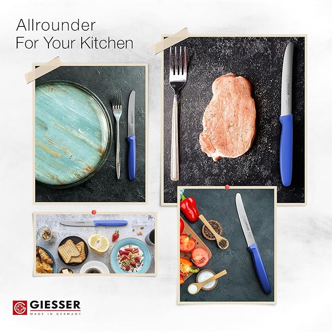 Giesser since 1776, Made in Germany, Serrated kitchen knives round tip dishwasher safe 4.5 inch - Tomato knife, Steak knive set of 6 (Blue)
