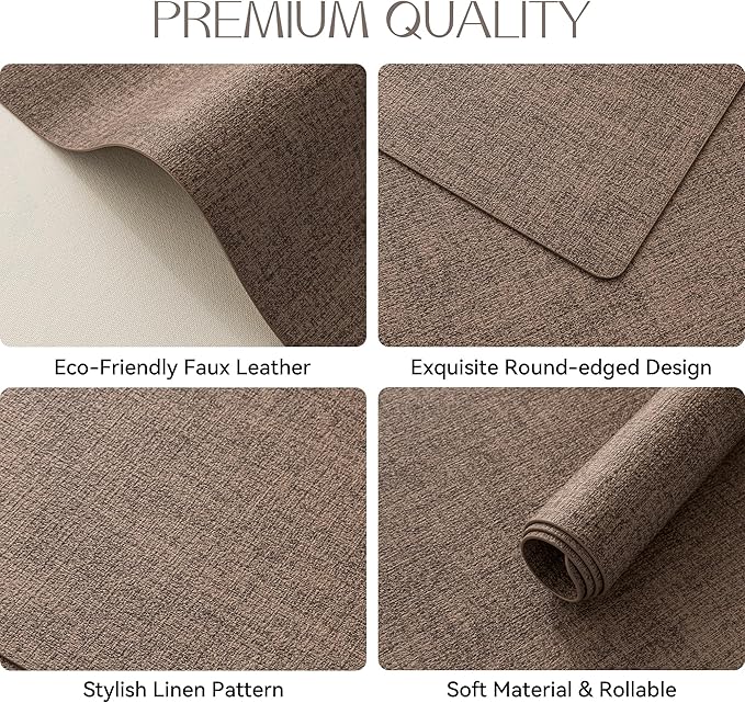 Romanstile Vinyl Placemats Set of 8-12 X 17 Inch - Heat Resistant Place Mats 100% Waterproof Oilproof Wipeable Reversible Faux Leather Table Mats for Kitchen, Dining, Party, Outdoor, Brown