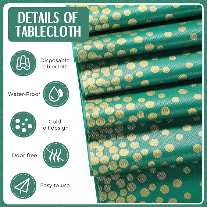 Tudomro 16 Pcs Green and Gold Disposable Plastic Tablecloths and Satin Table Runner Set 54x108 Inch Tablecloth 12x108 Inch Table Runners for New Year Wedding Birthday Baby Shower Graduation