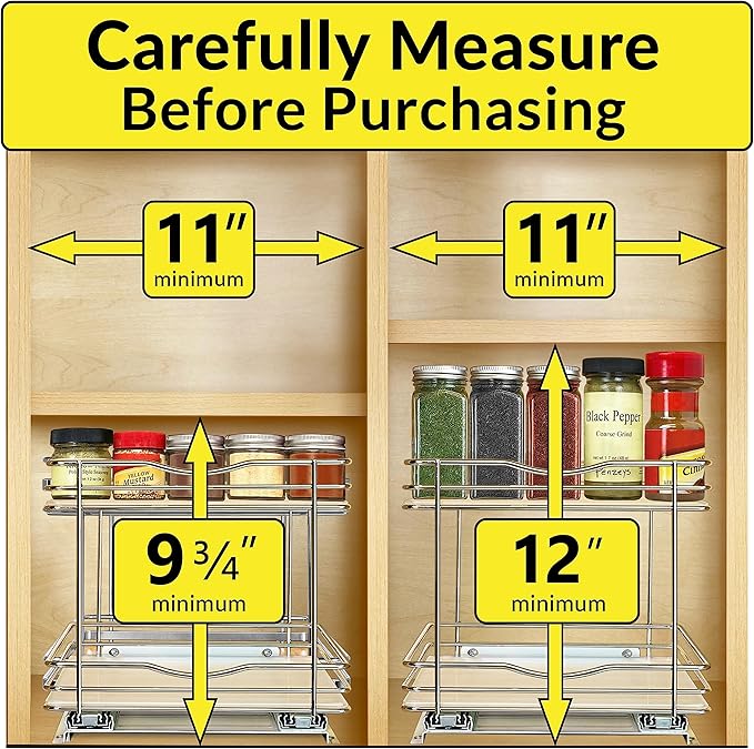 LYNK PROFESSIONAL짰 Pull Out Spice Rack Organizer for Inside Kitchen Cabinets - 10-3/8 inch Wide - Slide Out Drawer ??Chrome Sliding Spice Cabinet Organization Shelf Racks - 2 Tier