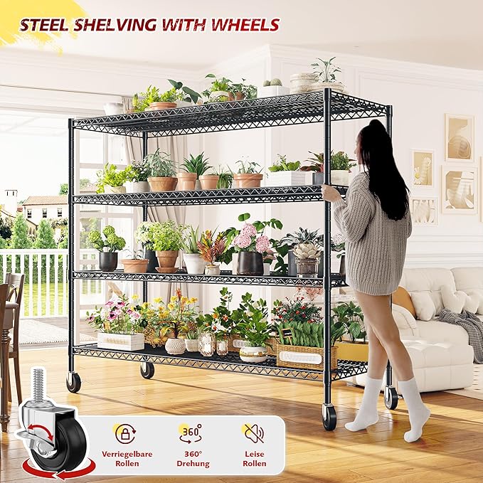 REIBII 75.6" H Storage Shelves Metal Shelving Unit with Wheels 55''W Garage Shelving Heavy Duty Wire Shelves for Storage Rack Adjustable Pantry Shelf Commercial Shelving,75.6" H X 55.5''W X 24" D