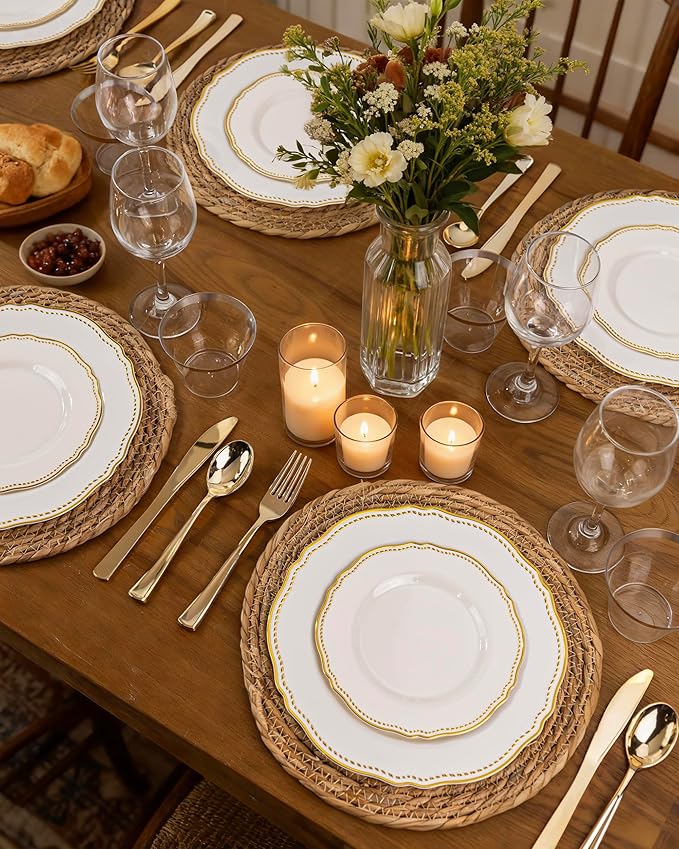 Hioasis 60PCS Ivory Plastic Plates - Ivory and Gold Disposable Dinnerware with Gold Rim, Heavy-duty, 10 inch, Dinner Plates for Party & New Year