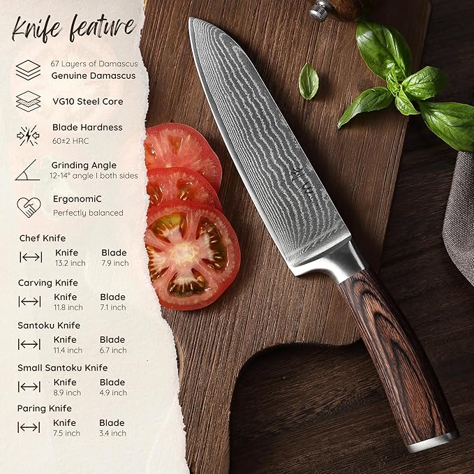 Wakoli EDIB 5-Piece Damascus Knife Set ??Professional Chef Knives Set with VG10 Core Blades, 67-Layer Damascus Steel and Ergonomic Pakkawood Handles ??Premium Kitchen Knives in Wooden Gift Box