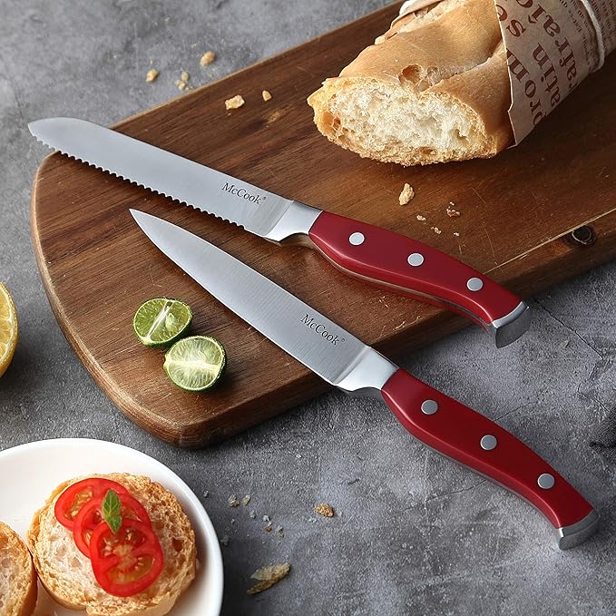 McCook짰 Stainless Steel Kitchen Knife Sets with Wooden Block, Kitchen Scissors and Built-in Sharpener, Red